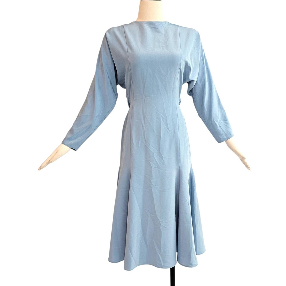 Vintage 1970s Dress Baby Blue Dolman Sleeves Flare Style Skirt Back Buttons